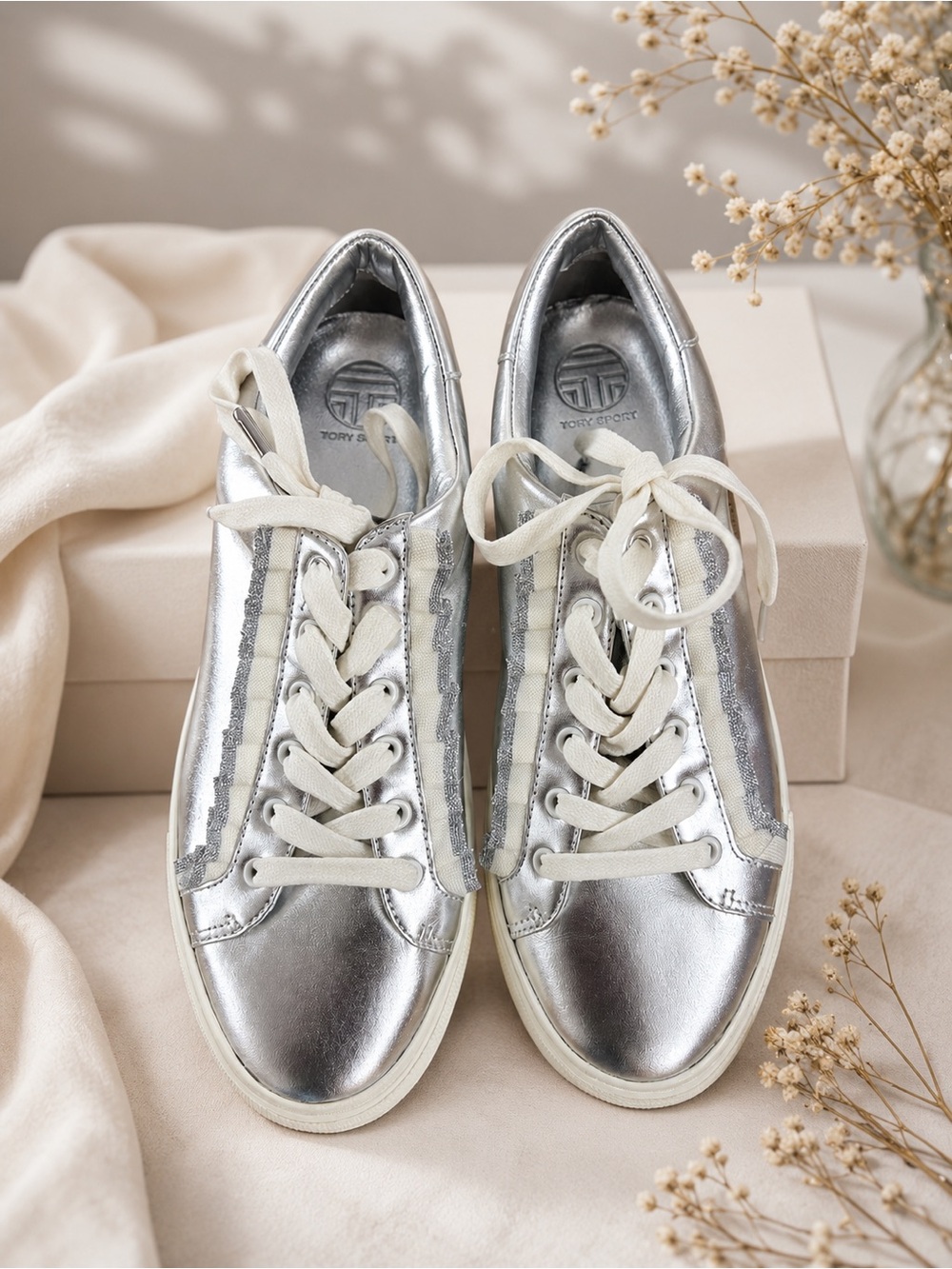Tory Sport by Tory Burch Silver Metallic Lace-Up Sneakers | Women’s Size 8.5M